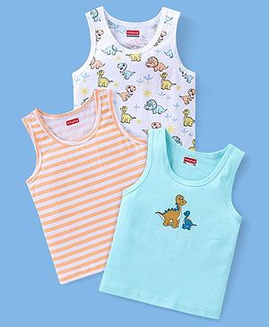 Babyhug 100% Cotton Sleeveless Sando Striped & Dino Print Pack of 3 - Orange White & Blue