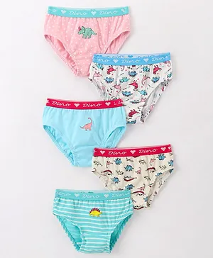 Red Rose Cotton Knit Panties Striped & Dino Print Pack of 5 - Blue White & Pink