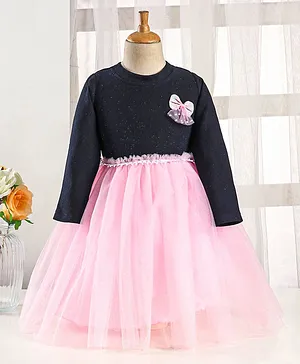 Enfance Full Sleeves Shimmer Lace Detailed Bow Applique Party Wear Dress - Navy Blue