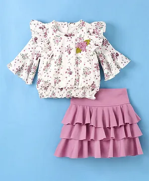 Enfance Flared Half Sleeves Seamless Floral Printed & Frill Layered Solid Skirt - Lavender