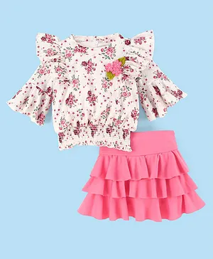 Enfance Flared Half Sleeves Seamless Floral Printed & Frill Layered Solid Skirt - Peach
