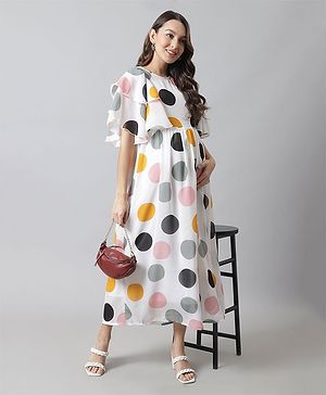 Moms Maternity Half Flutter Sleeves Polka Dots Printed Maxi Dress - White