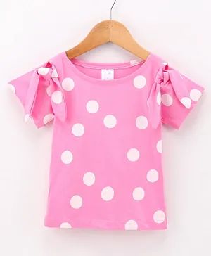 Smarty Girls 100% Cotton Knit Half Sleeves Polka Dots Printed Top with Bows - Pink