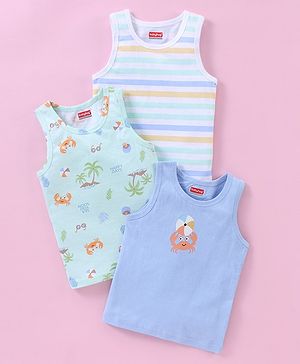 Babyhug 100% Cotton Sleeveless Sando Striped & Beach Print Pack of 3 - Blue
