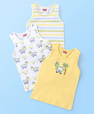 Babyhug 100% Cotton Sleeveless Sando Striped & Dino Print Pack of 3 - Yellow White & Green