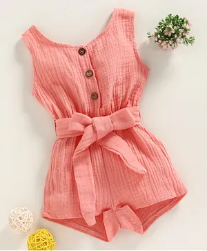 Kookie Kids Sleeveless Mid Thigh Length Solid Jumpsuit with Tie Up Detail - Pink