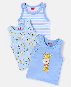 Babyhug 100% Cotton Knit Sleeveless Striped Sando Giraffe Print Pack of 3 - Blue