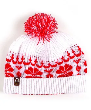 BHARATASYA Fine Knitted Snowflakes Design Detailed Winter Bobble Cap - White & Red