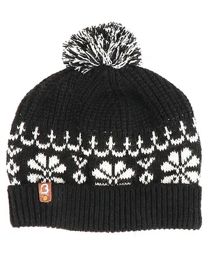 BHARATASYA Fine Knitted Snowflakes Design Detailed Winter Bobble Cap - Black