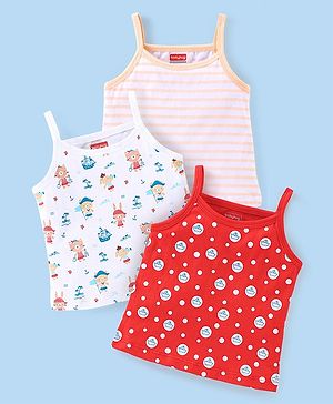Babyhug 100% Cotton Knit Sleeveless Striped Slips Teddy Print Pack of 3 - Red Pink & White