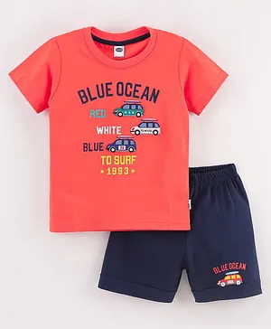 Teddy Cotton Half Sleeves T-Shirt with Shorts Text Printed - Cherry Red