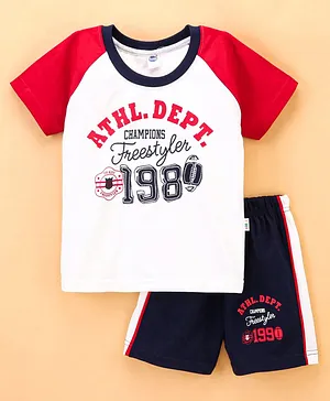 Teddy Cotton Half Sleeves T-Shirt with Shorts Text Printed - Red & Navy Blue