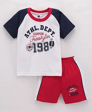 Teddy Cotton Half Sleeves T-Shirt with Shorts Text Printed - Navy Blue & Red