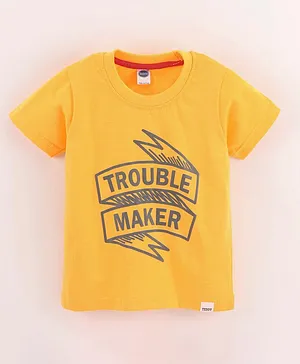 Teddy Cotton Half Sleeves T-Shirt Text Print - Yellow
