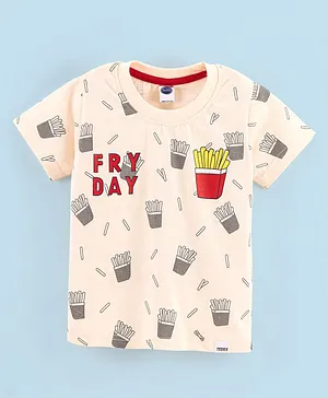 Teddy Half Sleeves T-Shirt French Fries Print - Peach