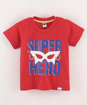 Teddy Half Sleeves T-Shirt Super Hero Text Print - Red