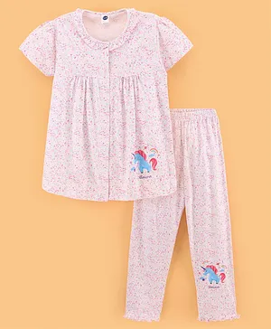 Teddy Half Sleeves Night Suit Unicorn Print - Pink