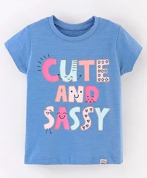 Teddy Cotton Half Sleeves T-Shirt Text Print - Blue
