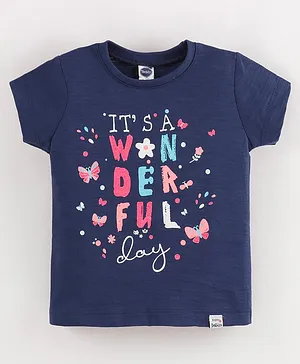 Teddy Cotton Half Sleeves T-Shirt Text Print - Blue