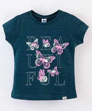 Teddy Cotton Half Sleeves Top Butterfly & Text Print- Blue