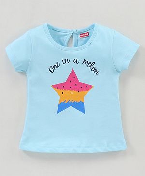 Babyhug Cotton Knit Half Sleeves Top Star Melon Print - Blue