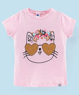 Teddy Cotton Half Sleeves T-Shirt Kitty Print - Pink