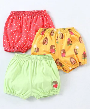 Babyhug 100% Cotton Knit Bloomers Heart & Porcupine Print Pack of 3 - Pink Yellow & Green