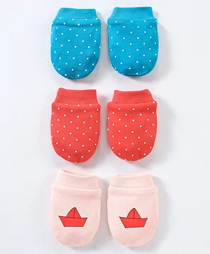 Babyhug 100% Cotton Mittens Polka Dots & Boat Print Pack Of 3 - Blue Red & Pink