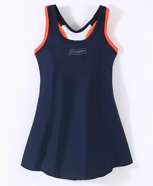 Rovars Lycra Sleeveless Frock Style Swimsuit - Navy Blue & Orange