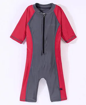 ROVARS Half Sleeves Solid Body Swim Suit - Red & Grey
