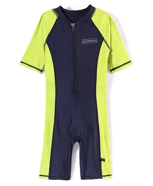 ROVARS Half Sleeves Solid Body Swim Suit - Lemon & Navy