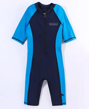 ROVARS Half Sleeves Solid Body Swim Suit - Navy Teal Blue
