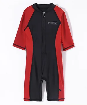 ROVARS Half Sleeves Solid Body Swim Suit - Black & Red