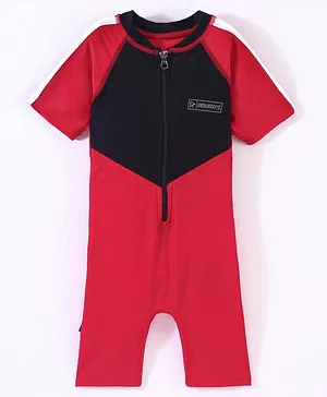 ROVARS Half Sleeves Solid Body Swim Suit - Red & Black
