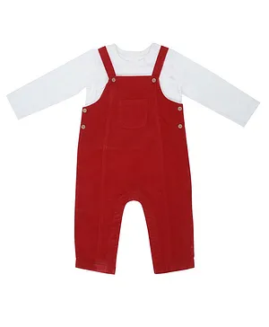 haus & kinder Full Sleeves Solid Tee With Dungaree - White & Red
