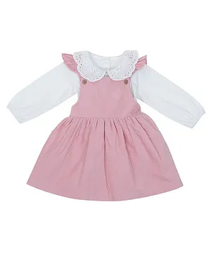 haus & kinder Candy Full Sleeves Schiffli Detail Peter Pan Collar Neck Solid Top With Short Frill Sleeves Solid Pinafore Dress - White Pink