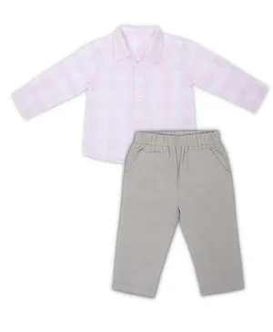 haus & kinder Full Sleeves Checked Shirt And Pant Sparker Two Piece Combo Set - Pink & Grey