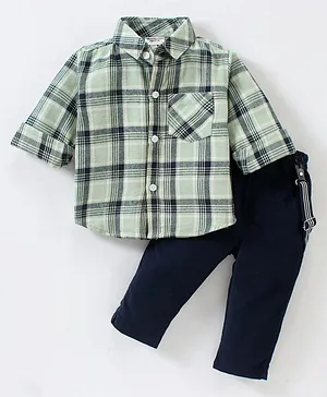 Wonderchild Full Sleeves Checks Shirt With Pant & Suspender - Green