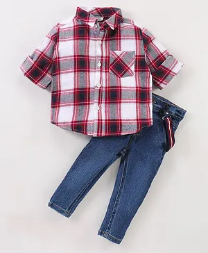 Wonderchild Full Sleeves Checks Shirt With Pant And Suspender - Red
