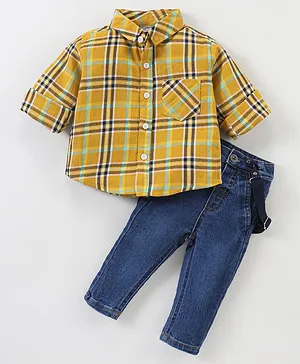 Wonderchild Full Sleeves Checks Shirt & Pant With Suspender - Yellow