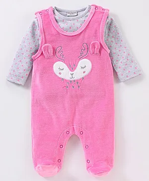 Wonderchild Full Sleeves Polka Dot Printed Deer Face Detailed Romper With Tee - Pink