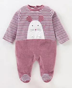Wonderchild Full Sleeves Striped Mice Printed Footed Romper - Purple