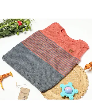 ShilpShakti Sleeveless Colour Blocked Striped Hand Knitted Sweater - Orange & Grey