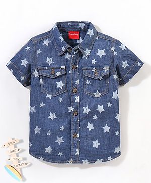 Babyhug 100% Cotton Half Sleeve Washed Denim Two Pocket Shirt Stars Print - Blue