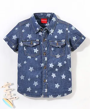 Babyhug 100% Cotton Half Sleeve Washed Denim Two Pocket Shirt Stars Print - Blue