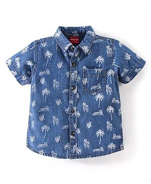 Babyhug 100% Cotton Woven Half Sleeves Washed Denim Shirt Tiger Print - Blue