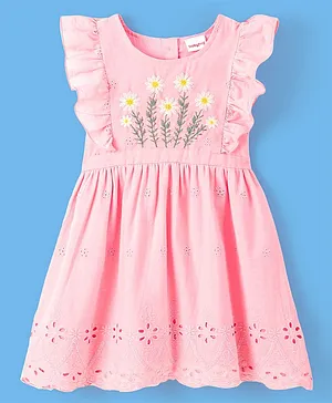 Babyhug 100% Cotton Half Sleeves Frock with Cotton Lining Schiffli & Floral Embroidery - Pink