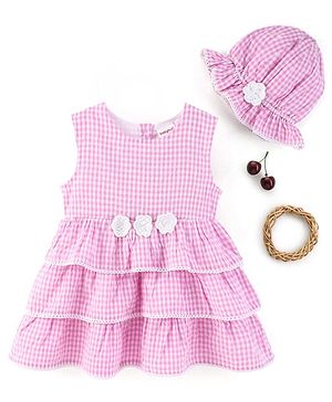 Babyhug Yarndyed Sleeveless  Checked & Embroidery Detailing Layered Frock with Cap - Pink