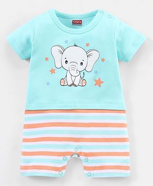 Babyhug 100% Cotton Knit Half Sleeves Striped Romper Elephant Print - Blue