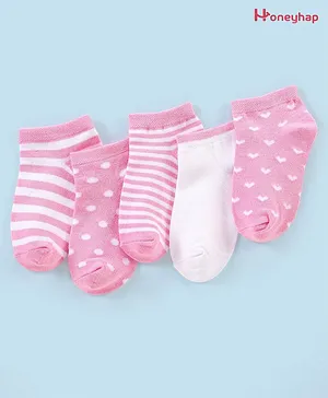 Honeyhap Premium Cotton Bamboo Ankle Length Antibacterial Socks Stripes & Dot Design Pack of 5 - Pink & White